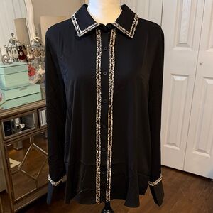 Adrianna Papell Women's Black Silky Top w/ Brocade Trim On Collar/Cuffs L NWT ❤️